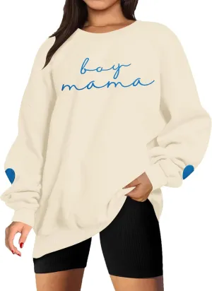 Mama Sweatshirt for Women Boy Mama Embroidered Crewneck Long Sleeve Funny Momma Letter Print Pullover Tops