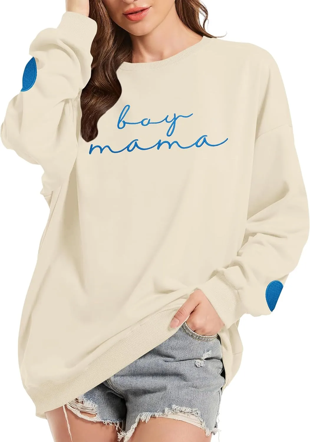 Mama Sweatshirt for Women Boy Mama Embroidered Crewneck Long Sleeve Funny Momma Letter Print Pullover Tops
