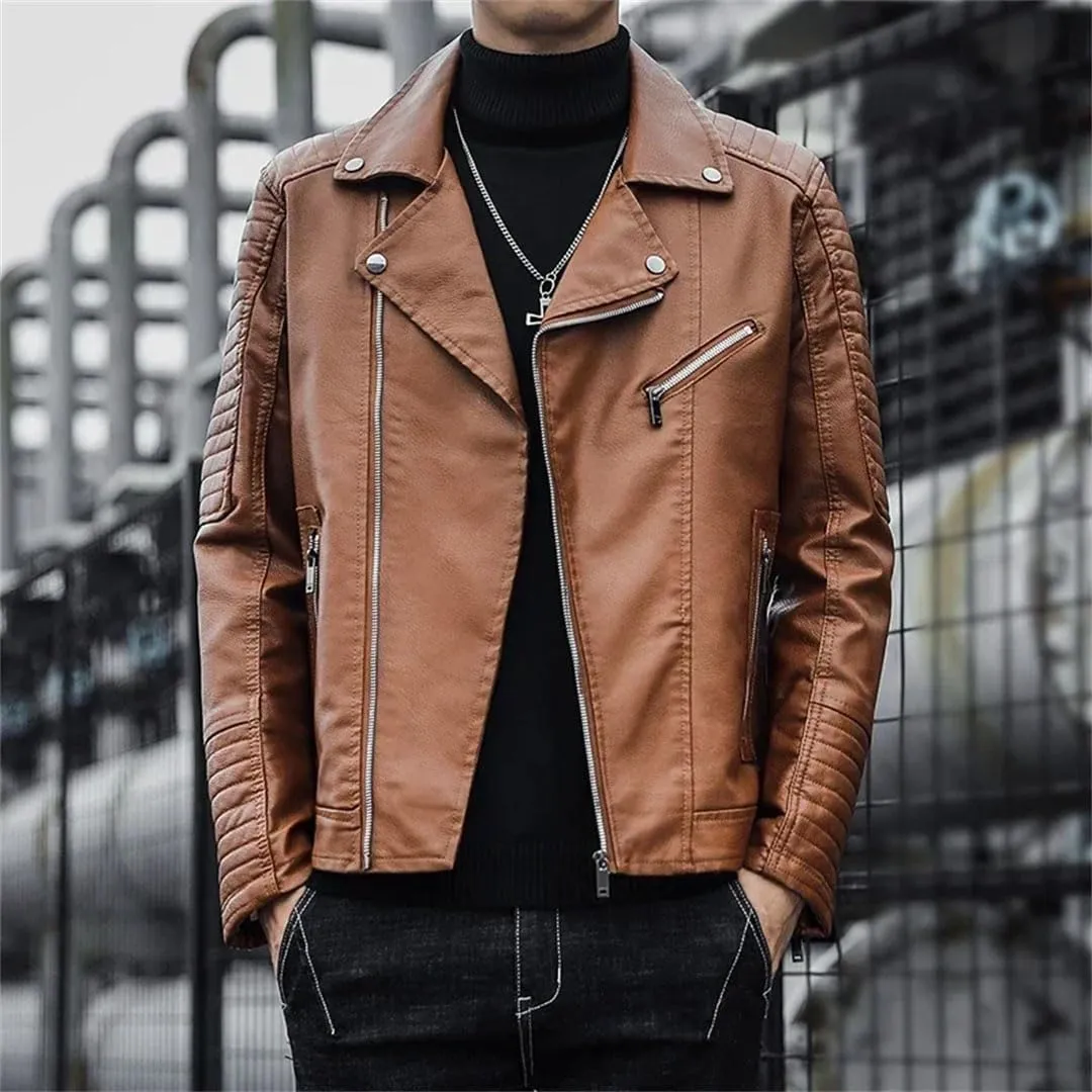 Men Business Casual Faux Leather Jackets Korean Zipper Motorcycle Coats