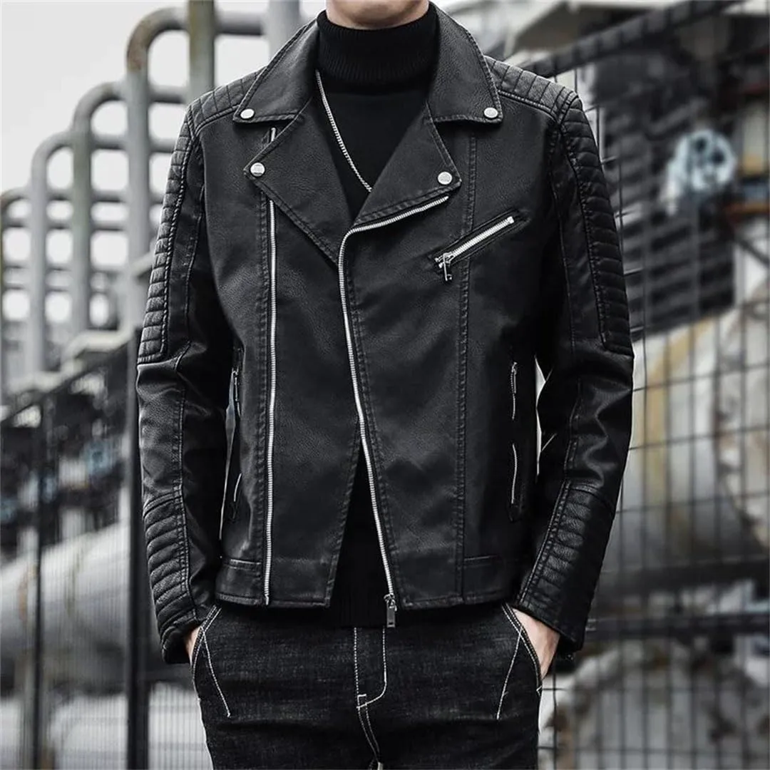 Men Business Casual Faux Leather Jackets Korean Zipper Motorcycle Coats
