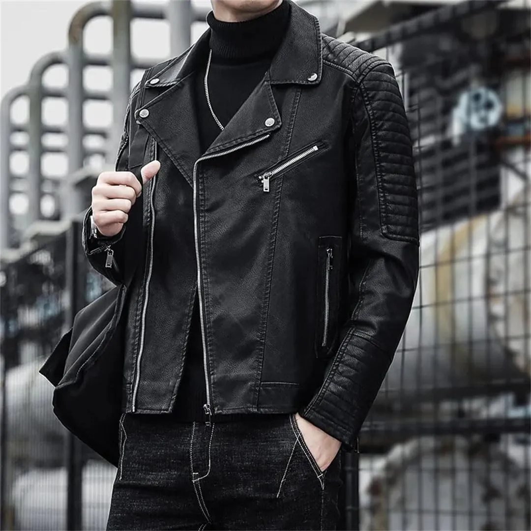 Men Business Casual Faux Leather Jackets Korean Zipper Motorcycle Coats