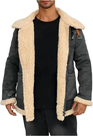 Men Vintage Suede Jacket Plush Collar Coat Faux Leather Jackets Zip Up Motorcycle Retro Outwear Winter Warm Plus Size