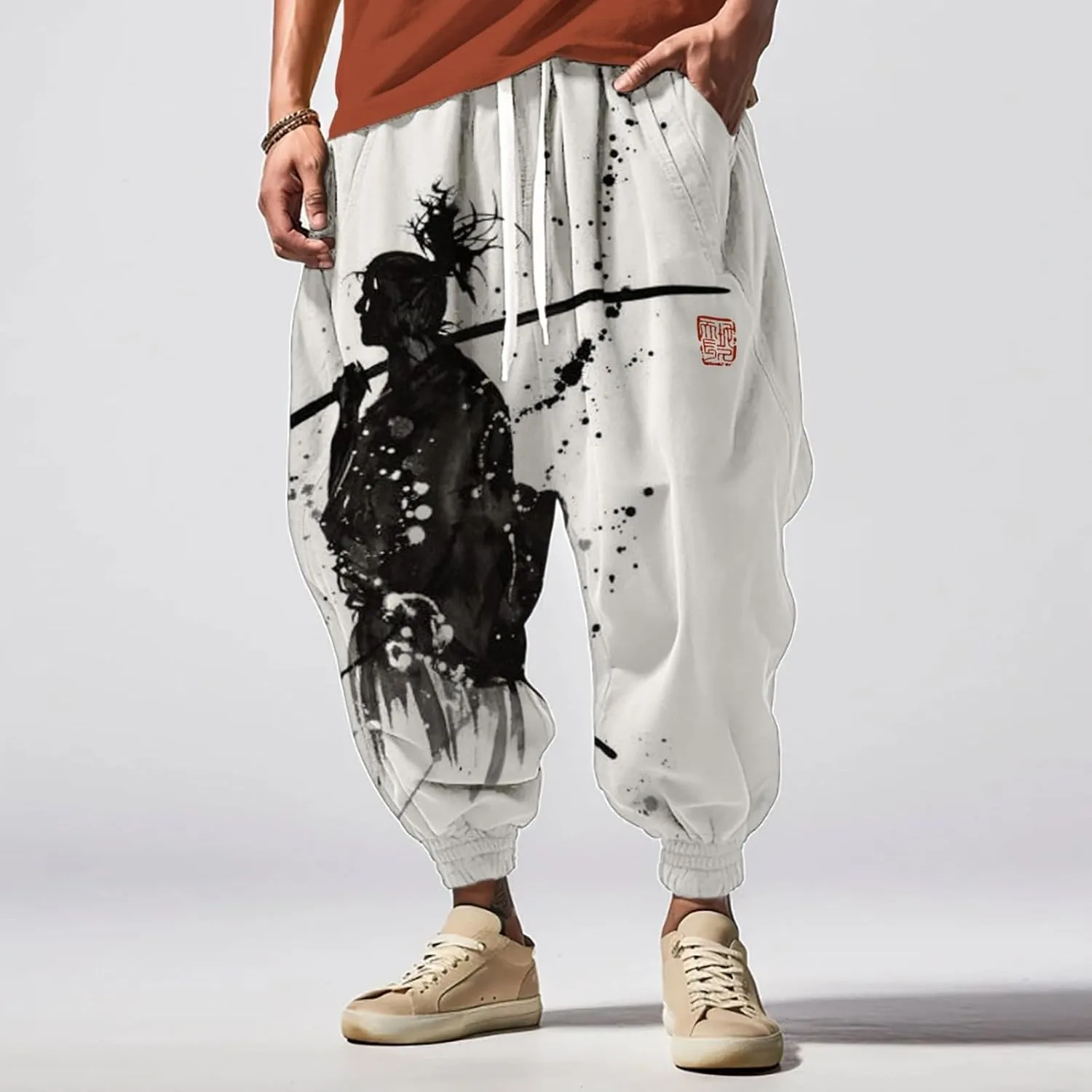 Mens All Over Print Hippie Harem Pants Hip Hop Yoga Drop Crotch Trousers Drawstring Baggy Loose Beach Aladdin Pants