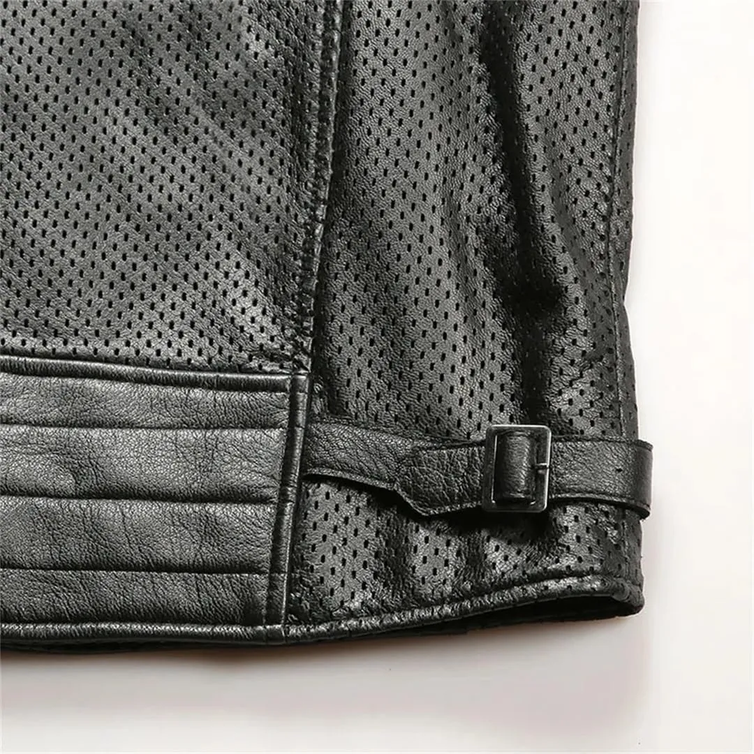 Men's Breathable Mesh Sleeveless Leather Jackets Stand-Up Collar Casual Motorcycle Vest