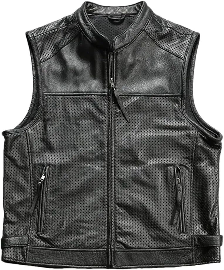 Men's Breathable Mesh Sleeveless Leather Jackets Stand-Up Collar Casual Motorcycle Vest