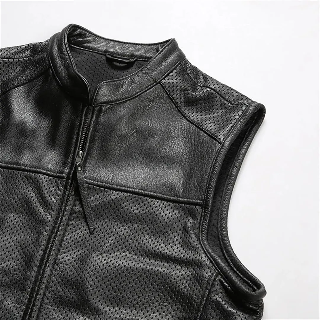 Men's Breathable Mesh Sleeveless Leather Jackets Stand-Up Collar Casual Motorcycle Vest