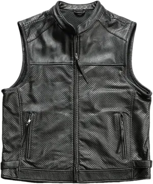 Men's Breathable Mesh Sleeveless Leather Jackets Stand-Up Collar Casual Motorcycle Vest