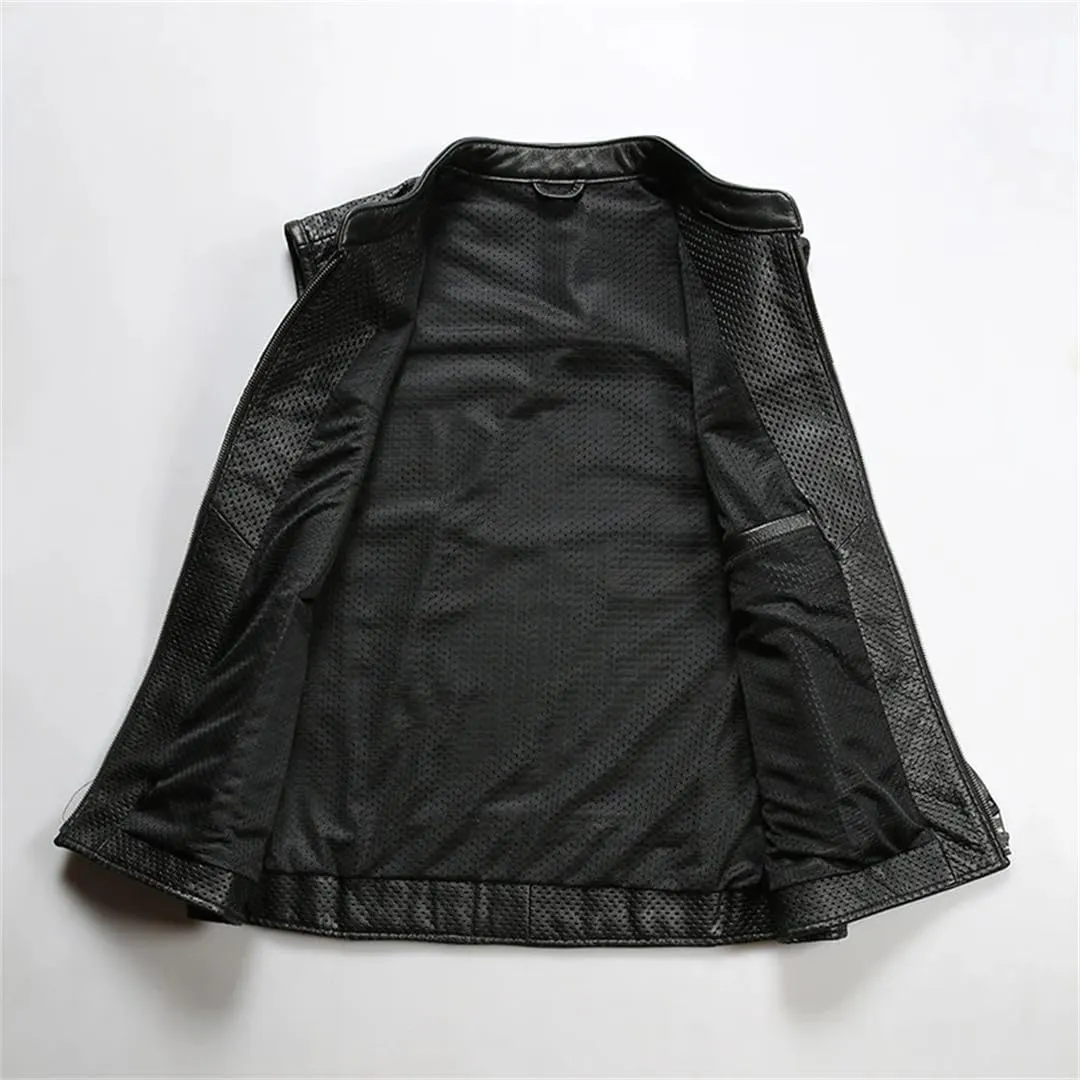 Men's Breathable Mesh Sleeveless Leather Jackets Stand-Up Collar Casual Motorcycle Vest