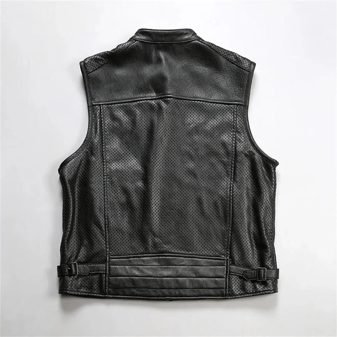 Men's Breathable Mesh Sleeveless Leather Jackets Stand-Up Collar Casual Motorcycle Vest