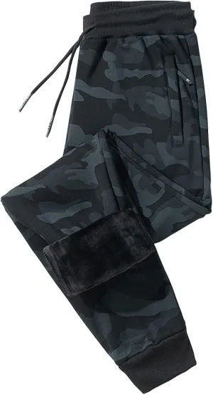 Mens Camo Joggers with Zipper Pocket Plus Size Athletic Pants Workout Trousers Sports Sweatpants Fleece Lined Pants