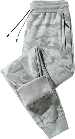 Mens Camo Joggers with Zipper Pocket Plus Size Athletic Pants Workout Trousers Sports Sweatpants Fleece Lined Pants