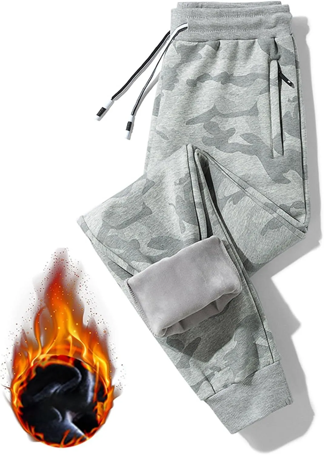 Mens Camo Joggers with Zipper Pocket Plus Size Athletic Pants Workout Trousers Sports Sweatpants Fleece Lined Pants