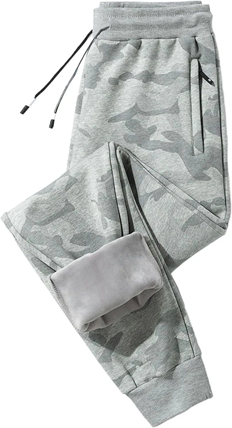 Mens Camo Joggers with Zipper Pocket Plus Size Athletic Pants Workout Trousers Sports Sweatpants Fleece Lined Pants