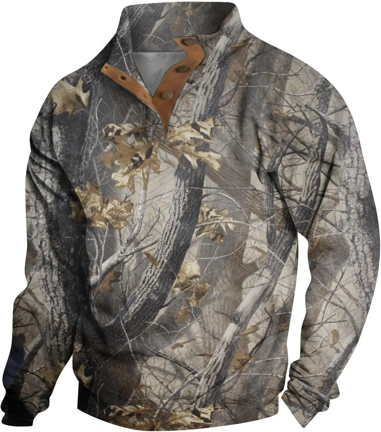 Men's Camo Sweatshirt Hunting Performance Pullover Stand Collar Buckle Camouflage Training Clothes Outdoor Sportswear