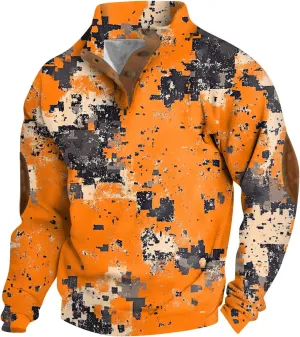 Men's Camo Sweatshirt Hunting Performance Pullover Stand Collar Buckle Camouflage Training Clothes Outdoor Sportswear