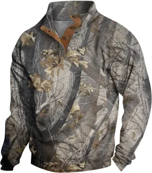 Men's Camo Sweatshirt Hunting Performance Pullover Stand Collar Buckle Camouflage Training Clothes Outdoor Sportswear