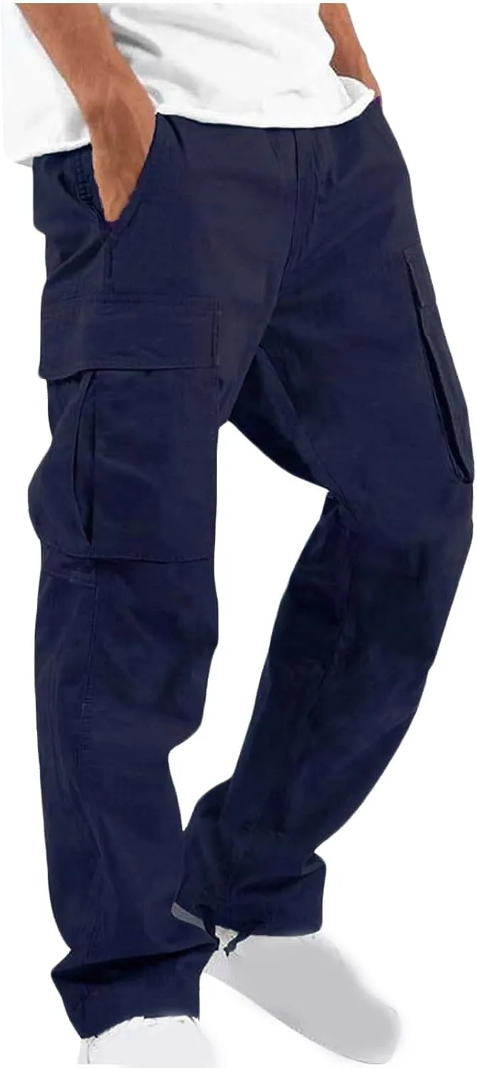 Mens Cargo Pants Elastic Waist Drawstring Joggers Cotton Athletic Pants Casual Hiking Pants Lightweight Sweatpants