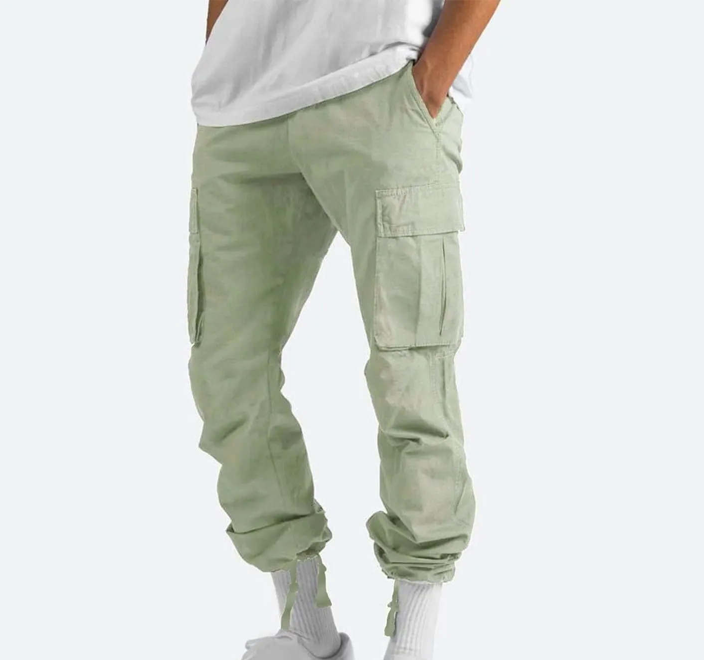Mens Cargo Pants Stretch Elastic Waist Drawstring Joggers Fashion Casual Hiking Chino Pants with Pockets