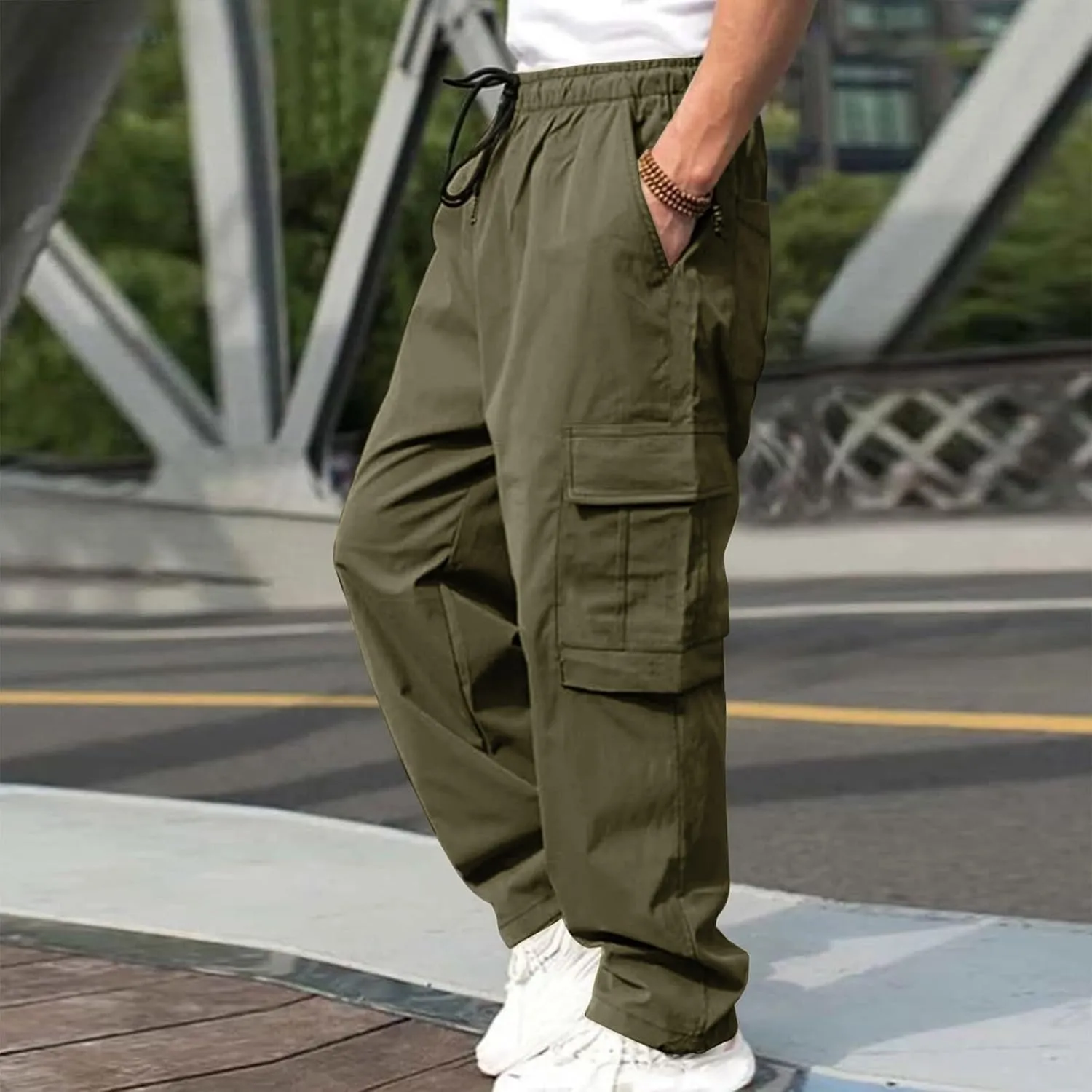 Men's Casual Cargo Pants, Elastic Waist Drawstring Joggers, Outdoor Tapered Sweatpants for Men Multi Pockets