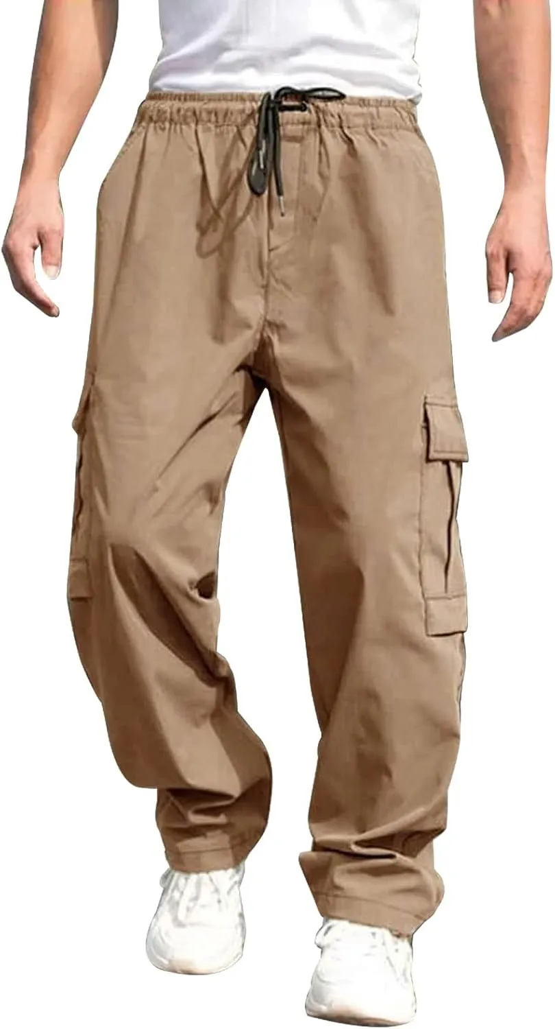 Men's Casual Cargo Pants, Elastic Waist Drawstring Joggers, Outdoor Tapered Sweatpants for Men Multi Pockets