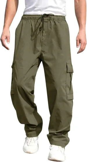Men's Casual Cargo Pants, Elastic Waist Drawstring Joggers, Outdoor Tapered Sweatpants for Men Multi Pockets