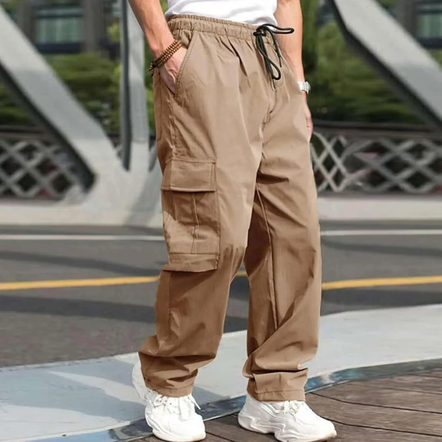 Men's Casual Cargo Pants, Elastic Waist Drawstring Joggers, Outdoor Tapered Sweatpants for Men Multi Pockets