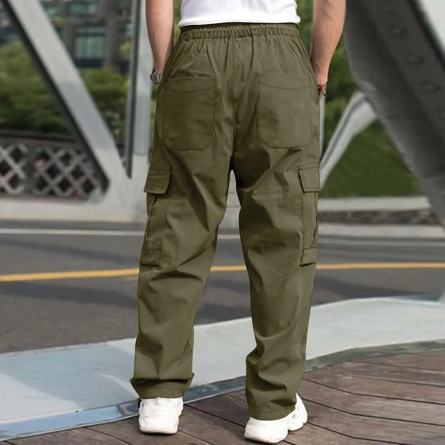 Men's Casual Cargo Pants, Elastic Waist Drawstring Joggers, Outdoor Tapered Sweatpants for Men Multi Pockets