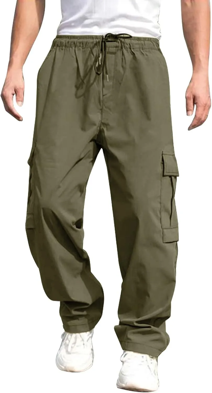 Men's Casual Cargo Pants, Elastic Waist Drawstring Joggers, Outdoor Tapered Sweatpants for Men Multi Pockets