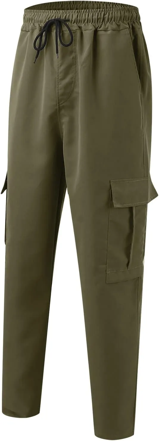 Men's Casual Cargo Pants, Elastic Waist Drawstring Joggers, Outdoor Tapered Sweatpants for Men Multi Pockets