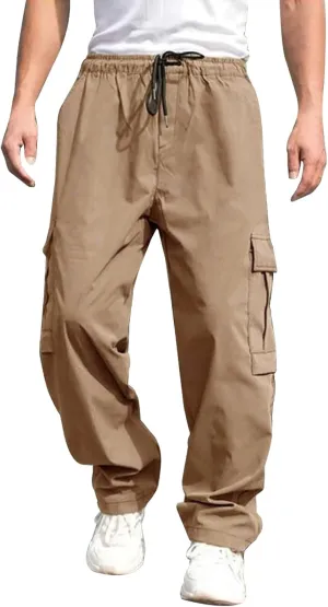 Men's Casual Cargo Pants, Elastic Waist Drawstring Joggers, Outdoor Tapered Sweatpants for Men Multi Pockets