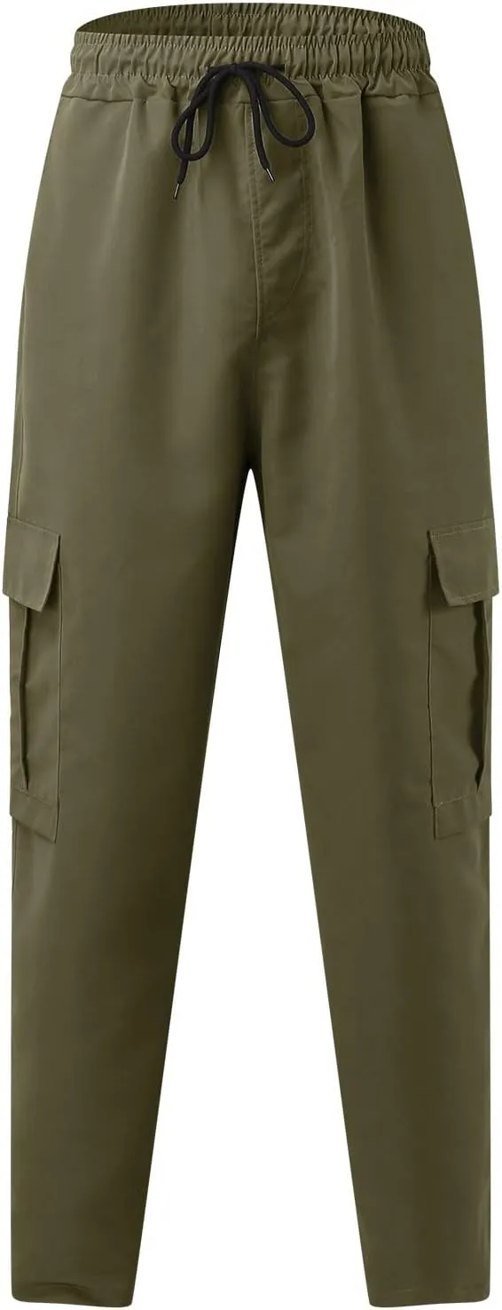 Men's Casual Cargo Pants, Elastic Waist Drawstring Joggers, Outdoor Tapered Sweatpants for Men Multi Pockets
