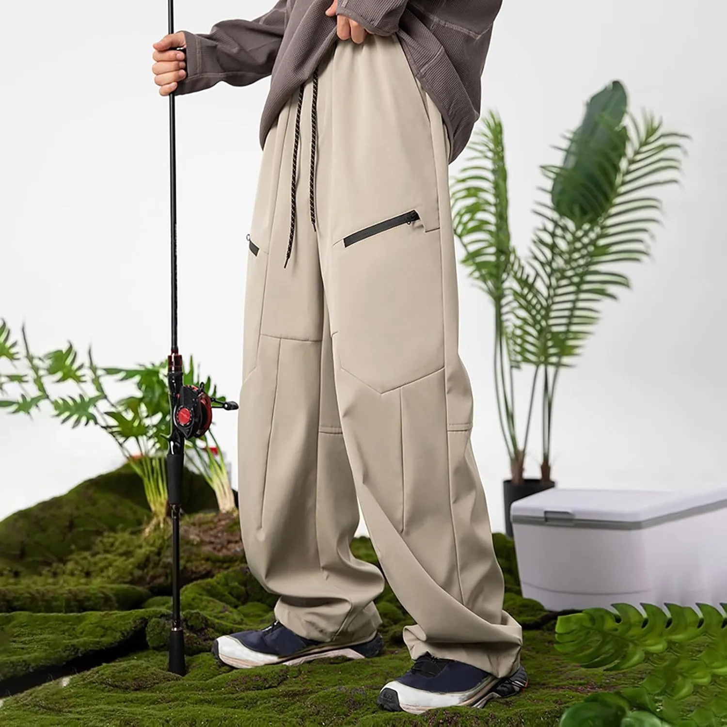 Men's Casual Cargo Pants Elastic Waist Drawstring Straight Pants Outdoor Hiking Workout Joggers with Multi Pockets