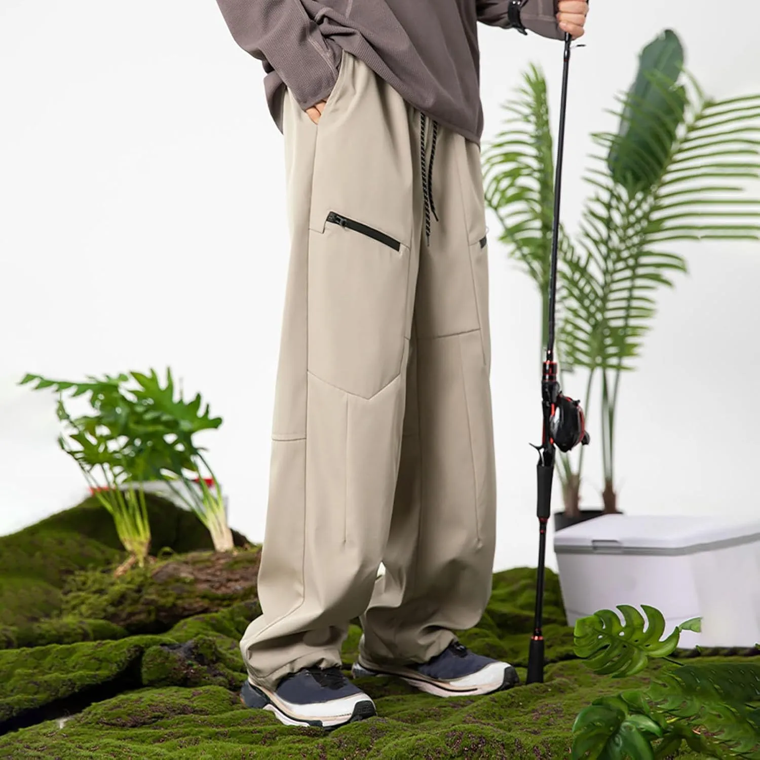 Men's Casual Cargo Pants Elastic Waist Drawstring Straight Pants Outdoor Hiking Workout Joggers with Multi Pockets