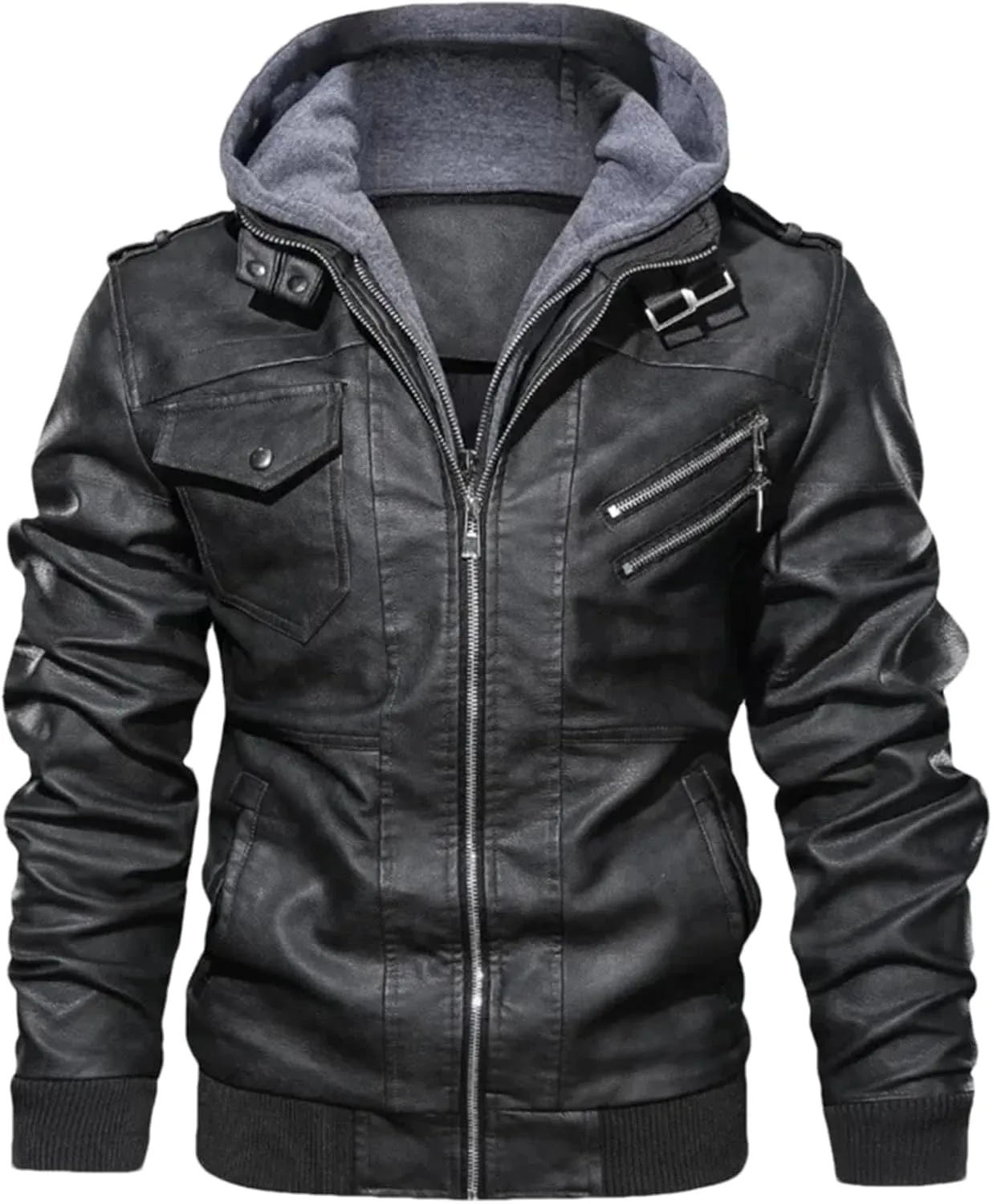 Men's Casual Motorcycle PU Jacket Classic Biker Leather Coats Hooded PU Leather Jackets
