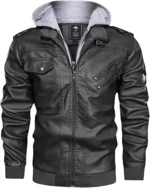 Men's Casual Motorcycle PU Jacket Classic Biker Leather Coats Hooded PU Leather Jackets