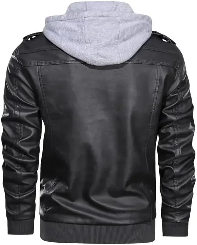 Men's Casual Motorcycle PU Jacket Classic Biker Leather Coats Hooded PU Leather Jackets