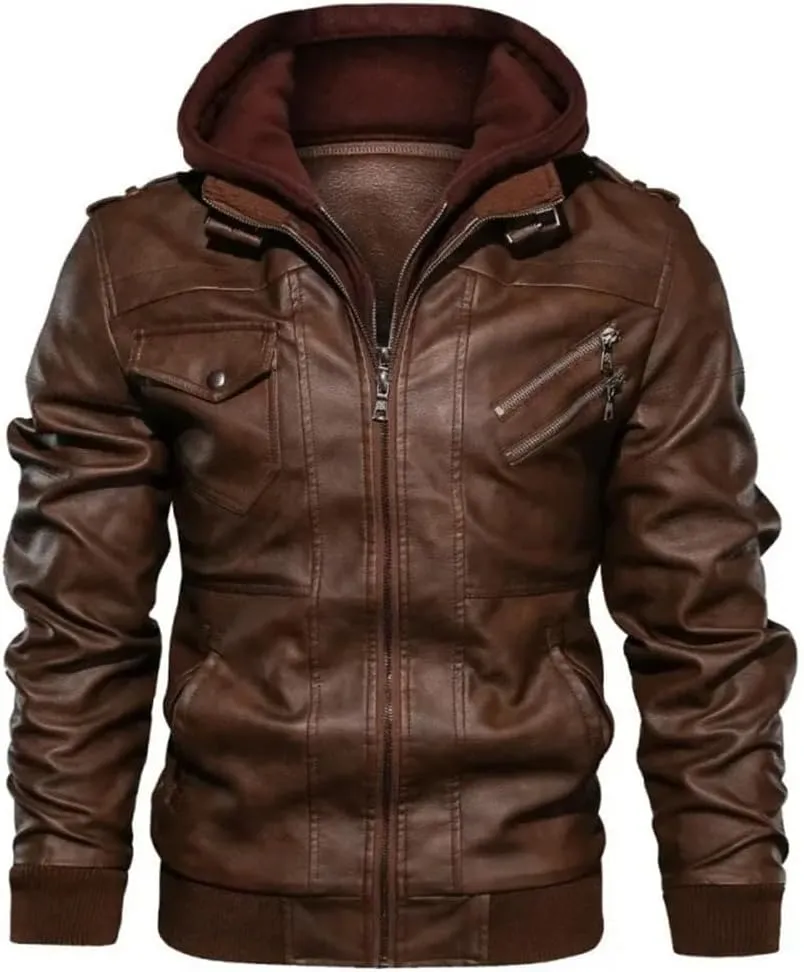 Men's Casual Motorcycle PU Jacket Classic Biker Leather Coats Hooded PU Leather Jackets