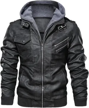 Men's Casual Motorcycle PU Jacket Classic Biker Leather Coats Hooded PU Leather Jackets