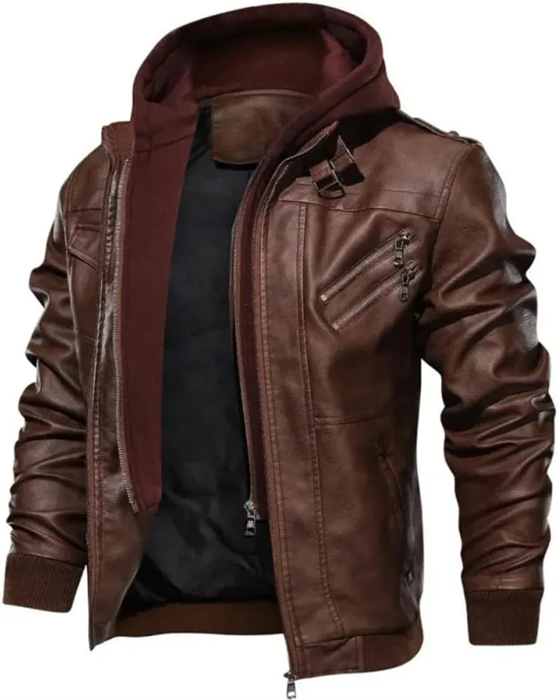 Men's Casual Motorcycle PU Jacket Classic Biker Leather Coats Hooded PU Leather Jackets