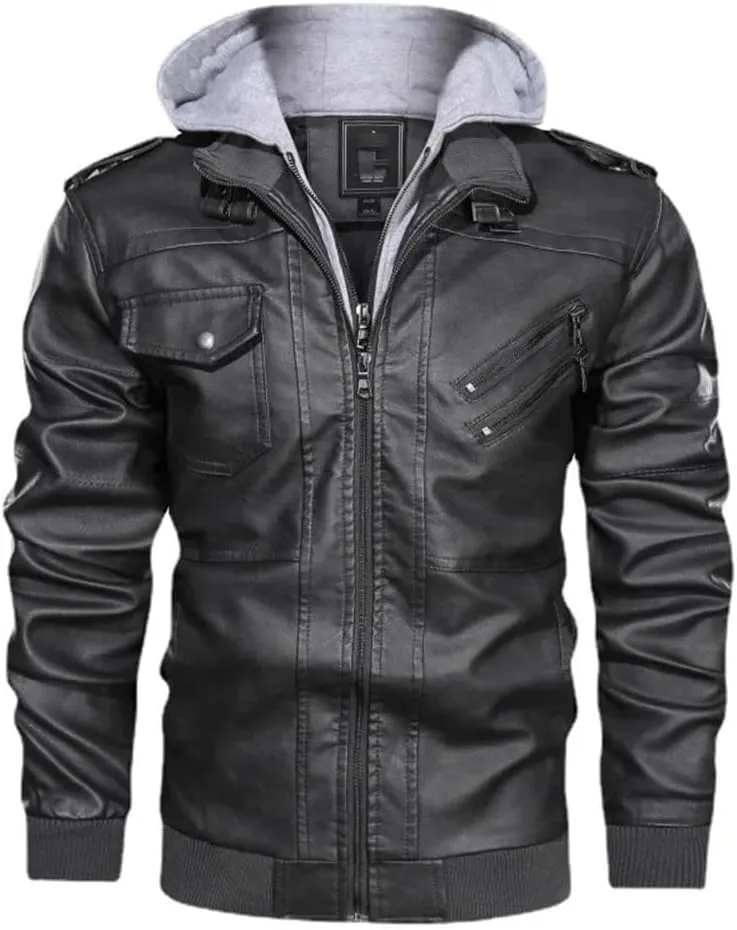 Men's Casual Motorcycle PU Jacket Classic Biker Leather Coats Hooded PU Leather Jackets