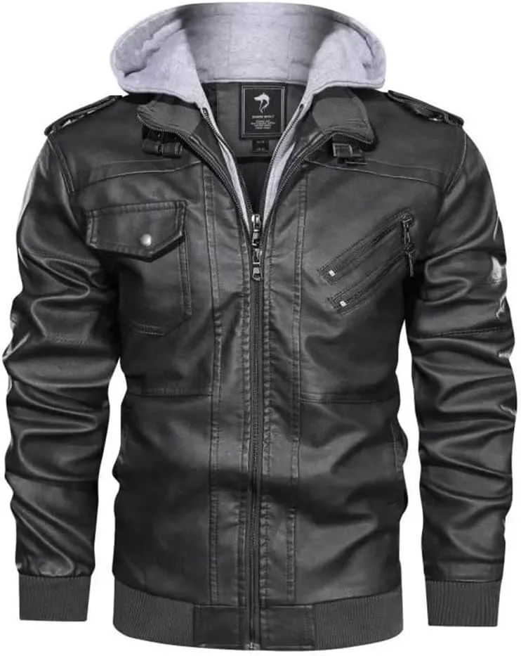 Men's Casual Motorcycle PU Jacket Classic Biker Leather Coats Hooded PU Leather Jackets