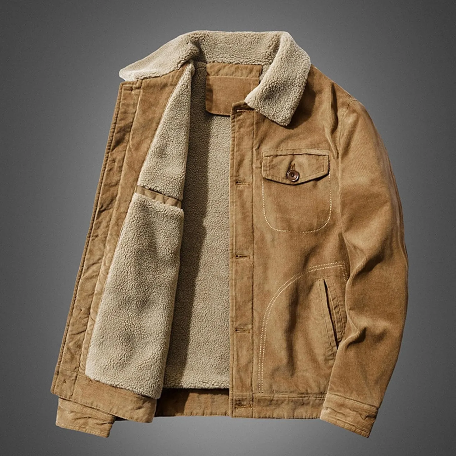 Men's Corduroy Jacket Fleece Sherpa Lined Trucker Jacket Button Front Cardigan Coat Midweight Thermal Coat with Pockets