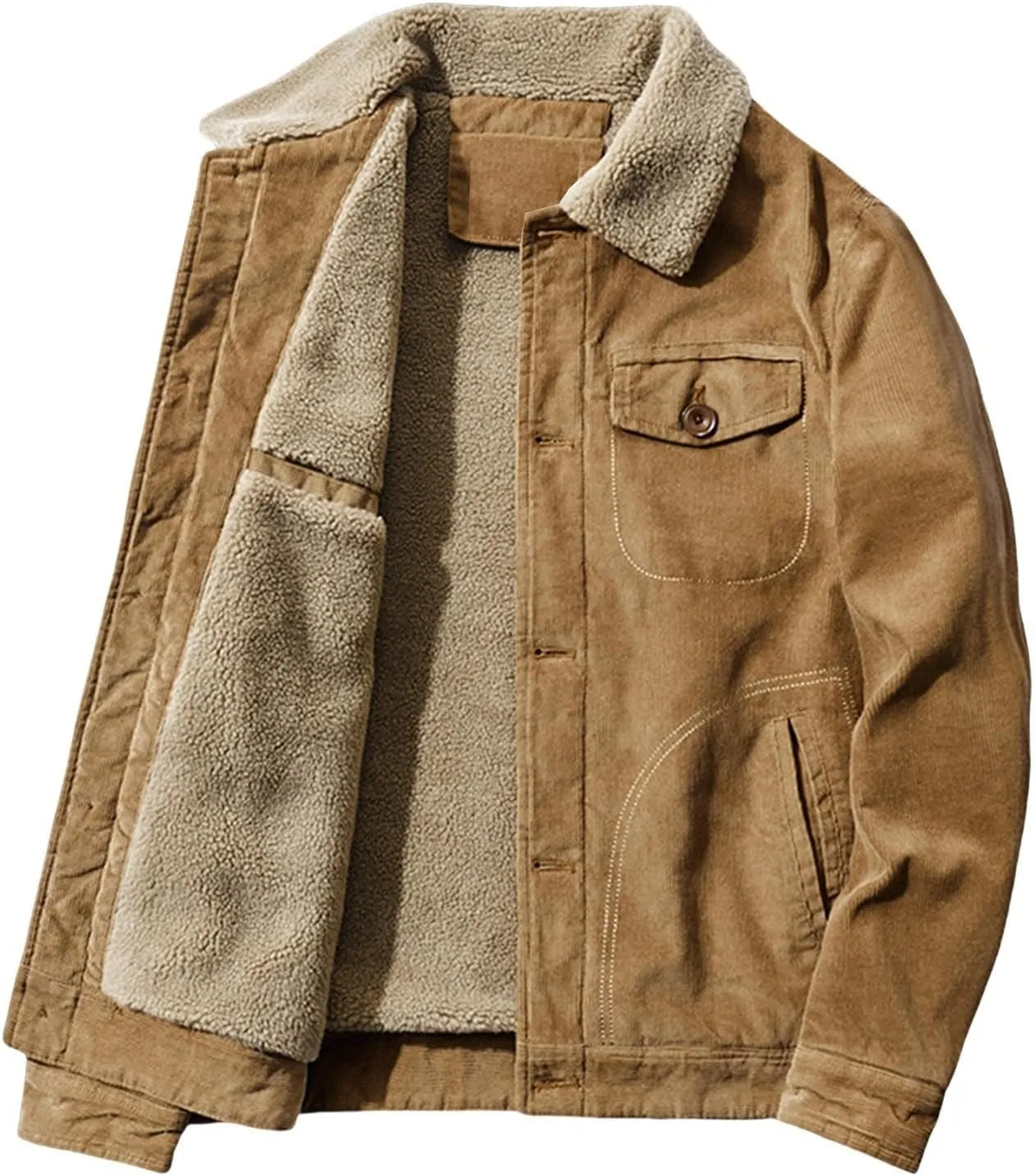 Men's Corduroy Jacket Fleece Sherpa Lined Trucker Jacket Button Front Cardigan Coat Midweight Thermal Coat with Pockets
