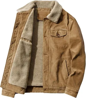 Men's Corduroy Jacket Fleece Sherpa Lined Trucker Jacket Button Front Cardigan Coat Midweight Thermal Coat with Pockets