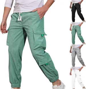Mens Cropped Cargo Pants Casual Loose Fit Straight Sweatpants Elastic Waist Drawstring Joggers Athletic Trousers
