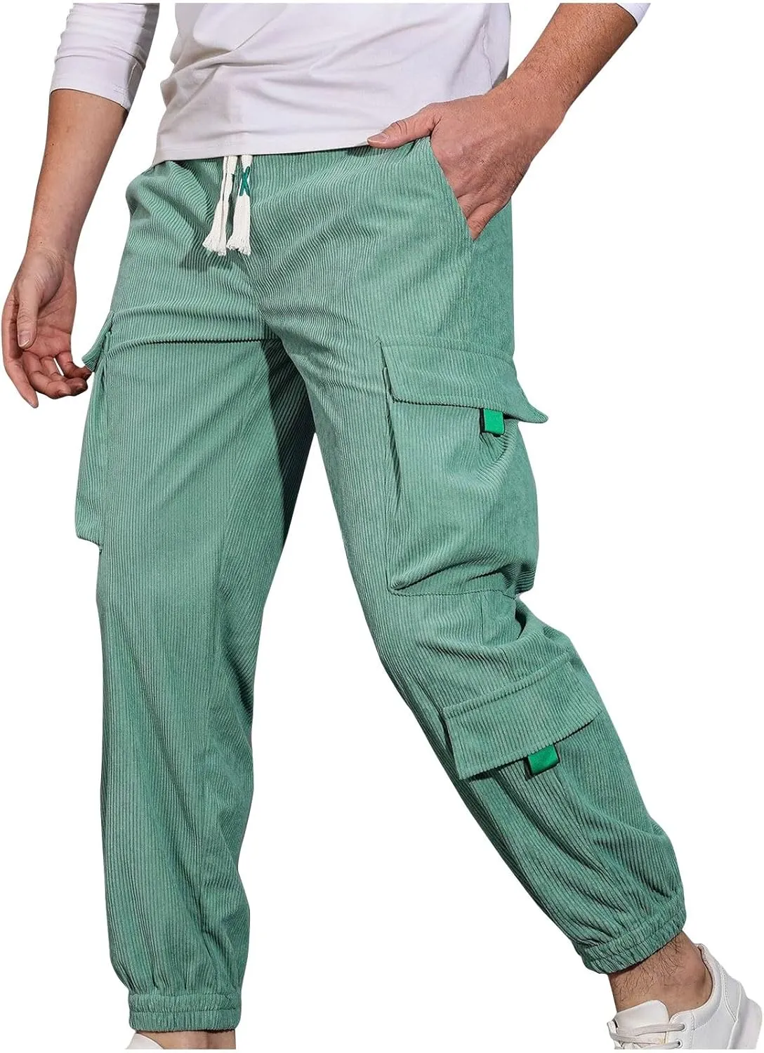 Mens Cropped Cargo Pants Casual Loose Fit Straight Sweatpants Elastic Waist Drawstring Joggers Athletic Trousers