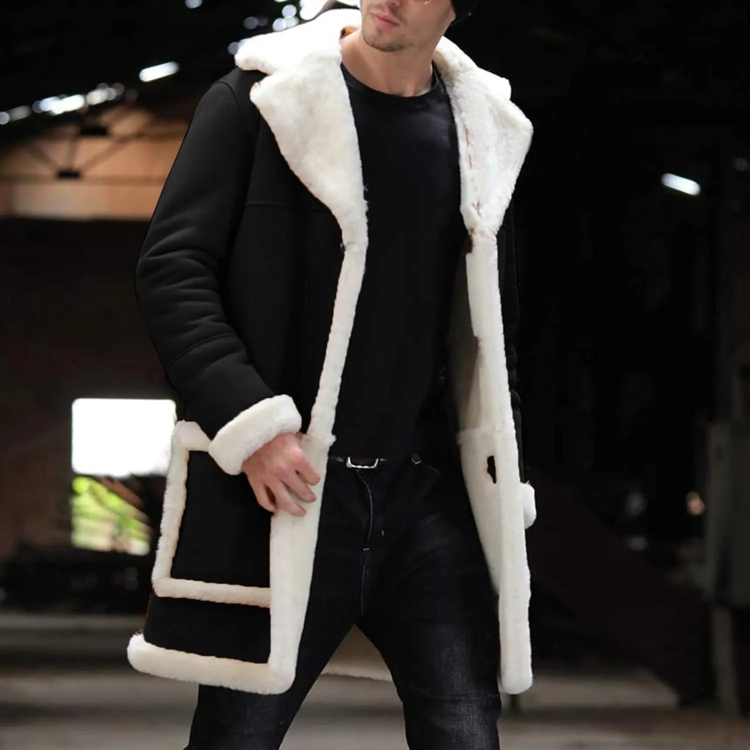 Mens Faux Leather Jacket Cozy Sherpa Fleece Lined Bomber Jackets Winter Coat Heavyweight Suede Faux Fur Trench Coat