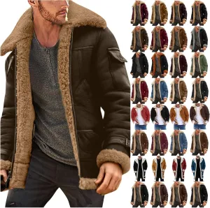 Mens Faux Leather Jacket Cozy Sherpa Fleece Lined Bomber Jackets Winter Coat Heavyweight Suede Faux Fur Trench Coat