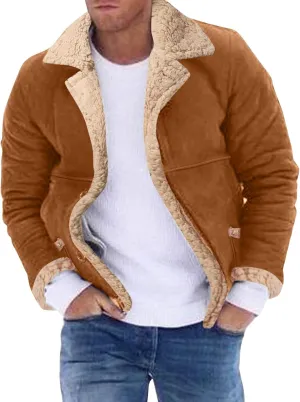 Mens Faux Leather Jacket Cozy Sherpa Fleece Lined Bomber Jackets Winter Coat Heavyweight Suede Faux Fur Trench Coat