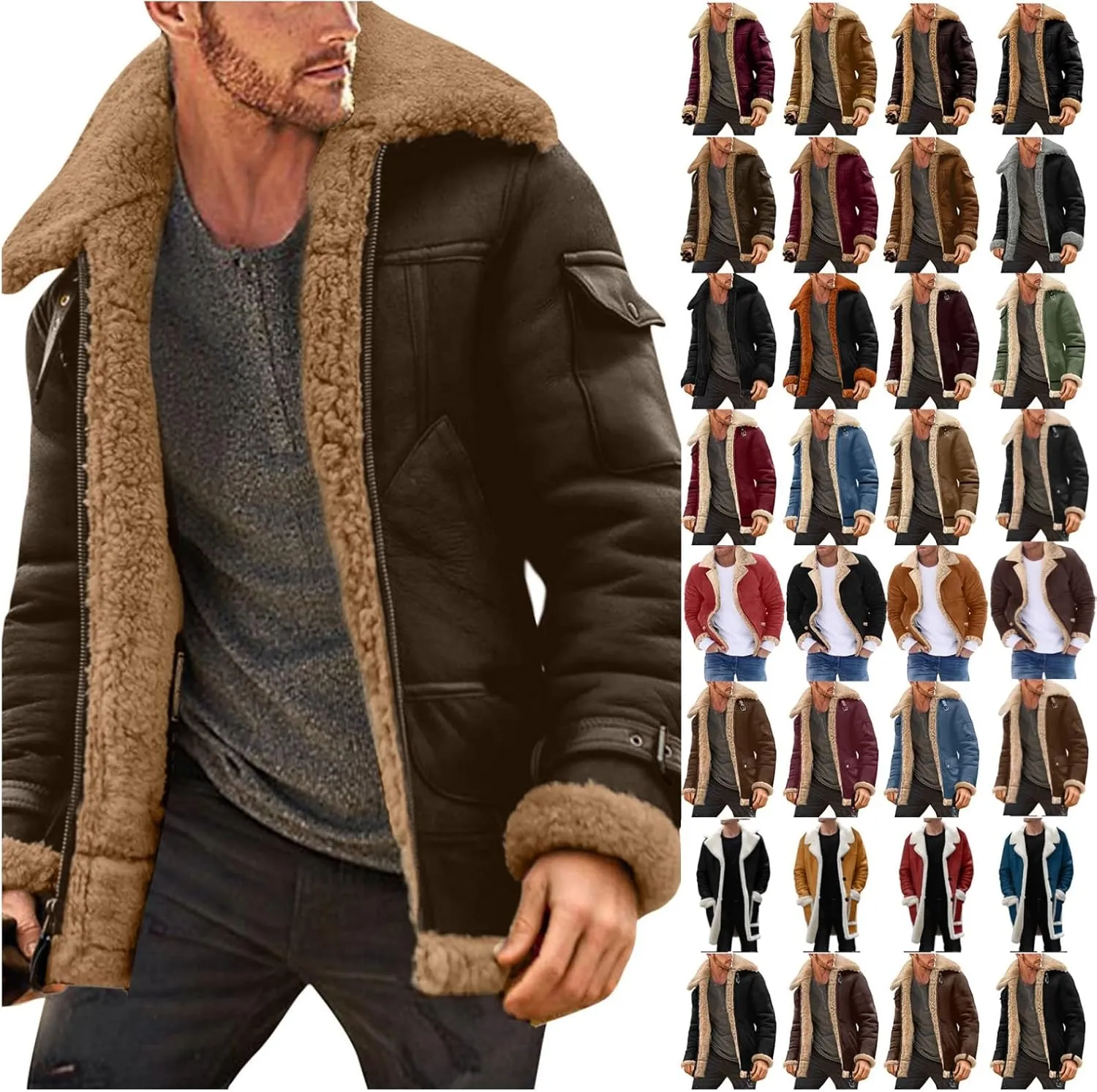 Mens Faux Leather Jacket Cozy Sherpa Fleece Lined Bomber Jackets Winter Coat Heavyweight Suede Faux Fur Trench Coat
